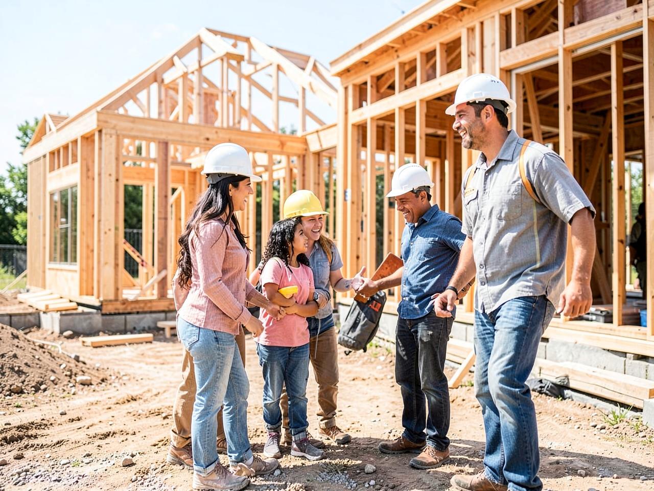 Familia latina revisando la construcción de su casa